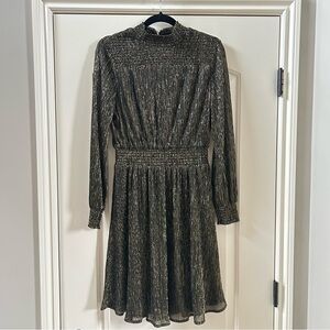 Sam Edelman Metallic Gold Plisse Shift Dress with long sleeves Holiday Sz. 10